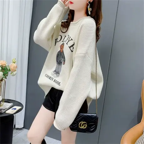 韩版宽松慵懒风针织毛衣女2022年新款百搭圆领卡通印花长袖上衣潮商品大图