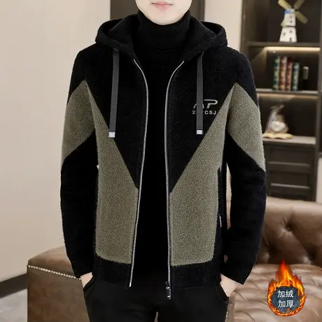 秋冬毛呢大衣男夹克款潮流休闲呢子外套加绒加厚冬装貂绒连帽风衣图片