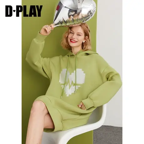 DPLAY秋新果绿色圆领宽松落肩连帽爱心长款卫衣女图片