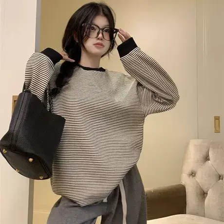 宽松条纹oversize卫衣女春秋大码胖mm休闲美式显瘦遮肚长袖上衣潮图片