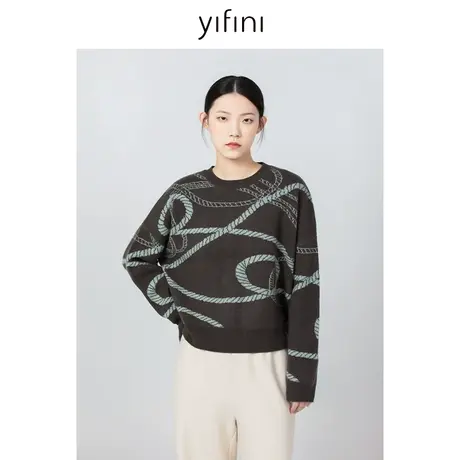 Yifini/易菲抽象印花提花美拉德毛衣女23秋冬新款百搭保暖针织衫图片