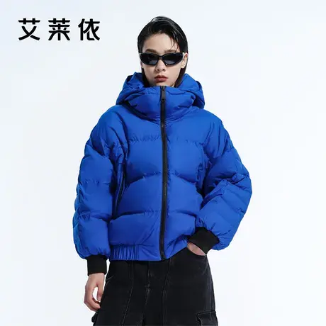 艾莱依羽绒服女2022年冬季新款蓝色鸭绒短款保暖通勤防风连帽外套商品大图