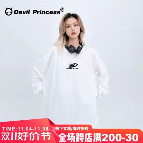 高级感简约风潮牌白色正肩长袖t恤女oversize宽松纯棉打底衫上衣图片