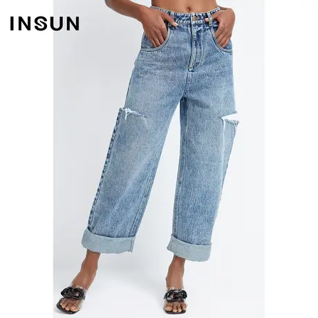 恩裳商场同款夏季时尚侧边开口流苏纹理感纯棉休闲牛仔裤商品大图