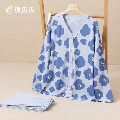顶瓜瓜女士春秋甜美风开襟长袖小花纯棉家居服套装睡衣女商品大图