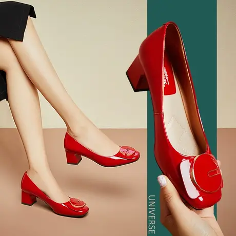 粗跟单鞋女年春款方头浅口红色早春网红真皮女鞋软皮舒适5cm商品大图