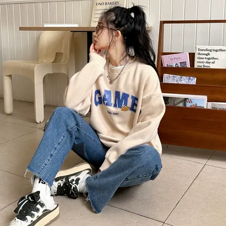 唐狮2023秋季新款女圆领卫衣宽松韩版慵懒风上衣oversize外套VS商品大图