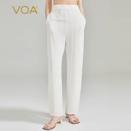 VOA茶白色三层乔其纯桑蚕丝对丝工艺自然腰侧口袋飘逸真丝直筒裤图片