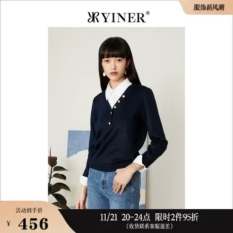 Goodland美地女装秋季时尚假两件套头上衣衬衫拼接长袖针织衫商品大图