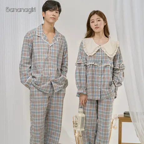 Bananagirl睡衣女春秋纯棉长袖简约时尚格子女士家居服情侣套装男图片