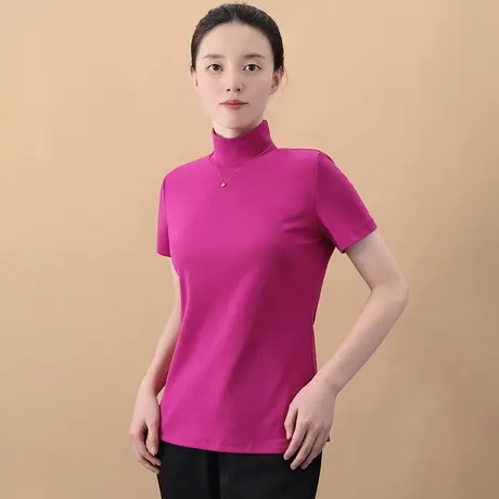 半高领短袖打底衫立领护颈针织上衣玫红色小高领内搭商品大图