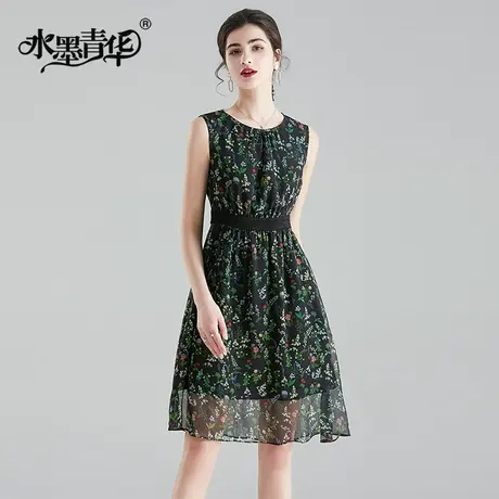 【1件7.9折】夏装新品气质优雅圆领无袖裙百搭修身印花雪纺连衣裙图片