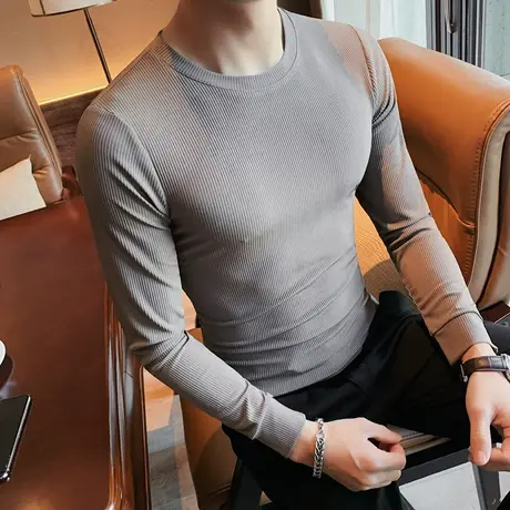 秋季男t恤卫衣纯色打底衫秋衣男装网红长袖修身百搭潮流圆领体恤商品大图