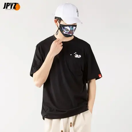 国潮短袖男2023夏季新国风街头宽松蔷薇刺绣情侣潮流T恤纯棉体恤商品大图