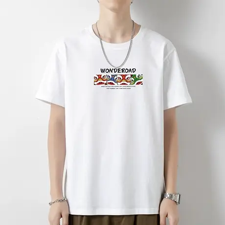 国潮t恤男短袖纯棉白色上衣服潮牌潮流夏季宽松全棉半袖圆领体恤商品大图