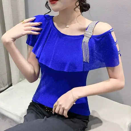 时尚荷叶边T恤女短袖2023夏季新款性感网纱小衫洋气烫钻露肩上衣商品大图