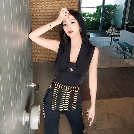 VJE夏季英伦风无袖收腰显瘦连体裤女新款气质拼接连身喇叭裤图片