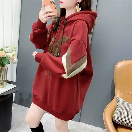 美式复古新年红色加绒加厚连帽卫衣女2023年新款秋冬宽松百搭外套商品大图