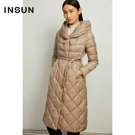 INSUN恩裳冬季连帽腰带收腰菱形羽绒服商品大图
