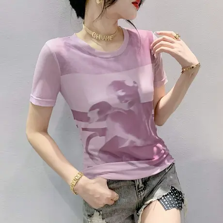 时尚网纱短袖T恤女2024夏季新款修身百搭小衫气质减龄上衣半袖潮商品大图