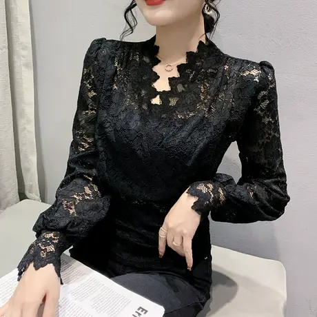 性感黑色蕾丝上衣女士春秋欧货时尚V领打底衫修身百搭雷丝T恤长袖图片