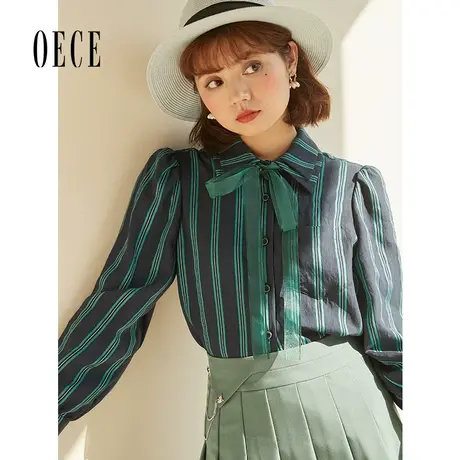 Oece设计感衬衫秋季新款女装复古气质条纹长袖衬衣图片