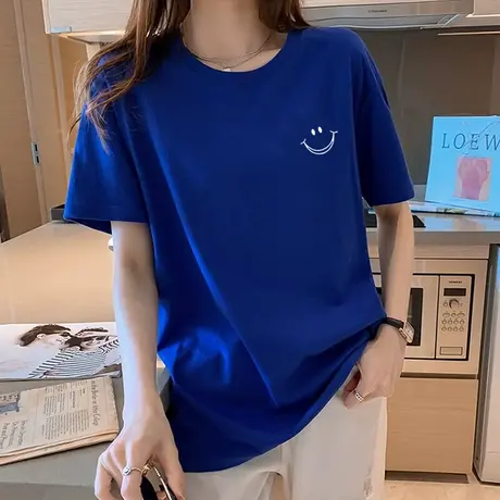 克莱因蓝短袖t恤女夏2024新款宽松圆领半袖体恤简约纯棉上衣ins潮图片