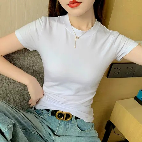 纯棉黑色短袖t恤女ins潮夏季上衣圆领半袖修身显瘦正肩体白体恤商品大图
