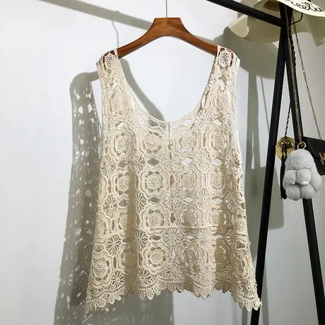 大码加肥针织背心马甲女夏外搭新款韩版宽松无袖钩花镂空上衣外套图片
