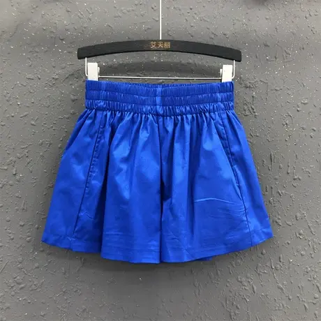 简约百搭蓝色休闲短裤女25夏季新款欧货松紧高腰A字裤裙阔腿热裤商品大图
