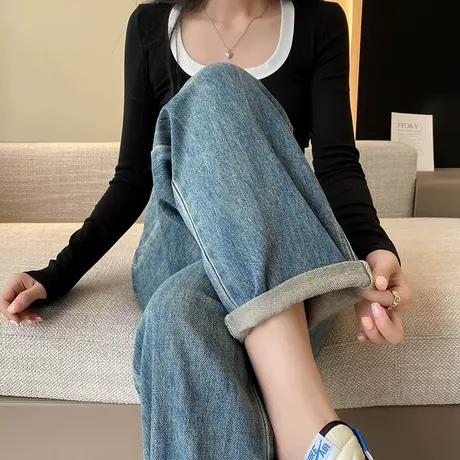 复古直筒牛仔裤女春秋2024新款高腰宽松显瘦梨形身材窄版阔腿裤子商品大图