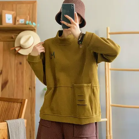 dza 复古纯色全棉字母加绒卫衣外套女冬保暖打底宽松显瘦高领上衣图片