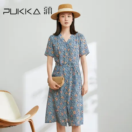 Pukka蒲牌真丝印花连衣裙女2022夏季新款法式V领裙子女设计感小众图片