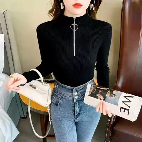 2024秋冬装新款韩版半高领拉链打底衫上衣修身显瘦内搭针织衫毛衣图片