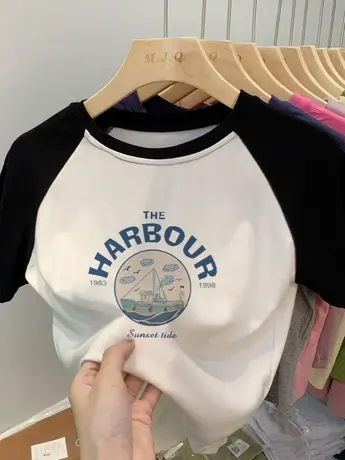 黑白撞色加大码仿棉短袖T恤女2023春夏新款欧货潮牌设计感上衣ins图片