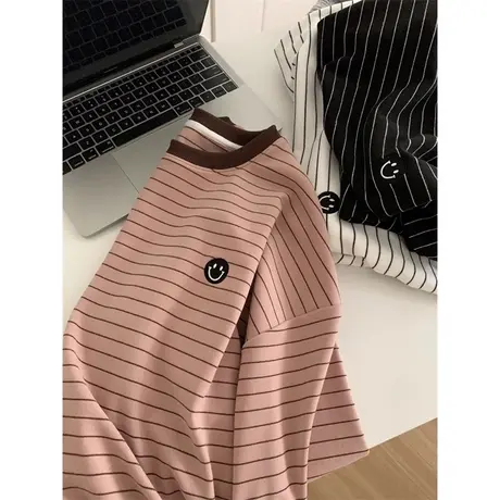 德绒磨毛条纹长袖T恤女冬季宽松韩版百搭加厚保暖刺绣上衣慵懒风商品大图