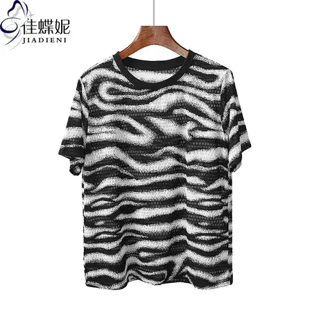 夏季新款圆领撞色波纹宽松大码休闲中长款薄款网纱体恤上衣女打底商品大图