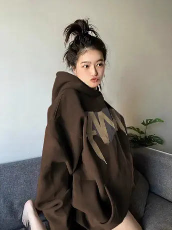 复古chic慵懒风咖色卫衣女秋冬爆款情侣显瘦外套ins潮美拉德上衣图片