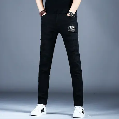 黑色牛仔裤男款刺绣潮流裤子男士休闲裤秋冬弹力小脚修身美式高街商品大图