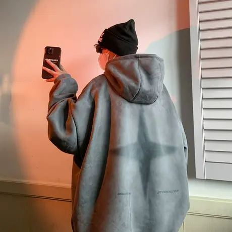 深灰色重磅卫衣男秋冬款连帽上衣硬挺oversize美式复古鹿皮绒外套商品大图