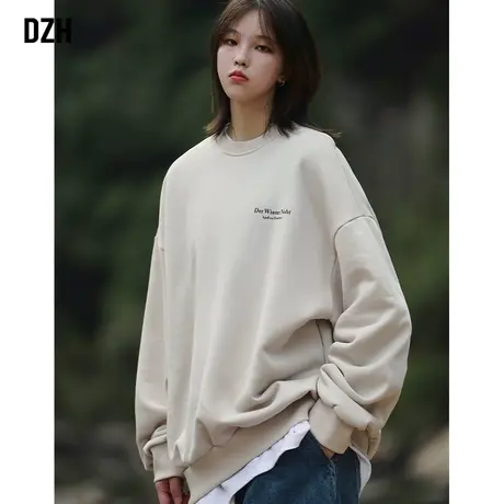 情侣杏色卫衣秋季男士圆领上衣潮牌高级感男装2024新款秋装打底衫图片