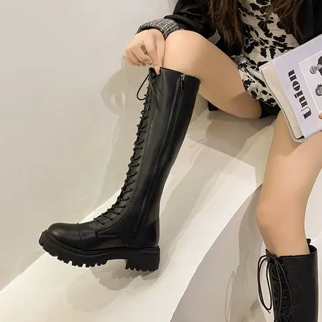 英伦风系带骑士靴女2023年秋季新款长筒靴厚底侧拉链不过膝高筒靴图片