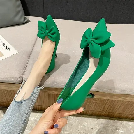 性感高跟鞋女细跟2024年夏季新款法式软皮蝴蝶结尖头浅口职业单鞋图片