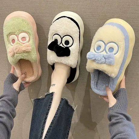 卡通棉拖鞋女秋冬季可爱大眼睛室内外穿毛绒保暖厚底防滑包头拖鞋商品大图