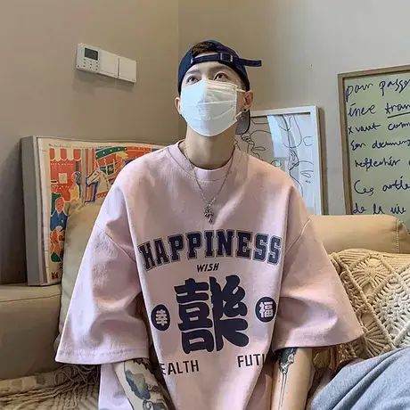 国潮短袖男ins潮牌t恤夏季宽松五分袖设计感小众oversize百搭衣服商品大图