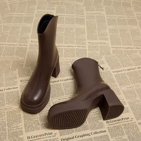 2023新款春秋单靴真皮粗跟瘦瘦靴子高级感加绒短靴子女高跟马丁靴商品大图