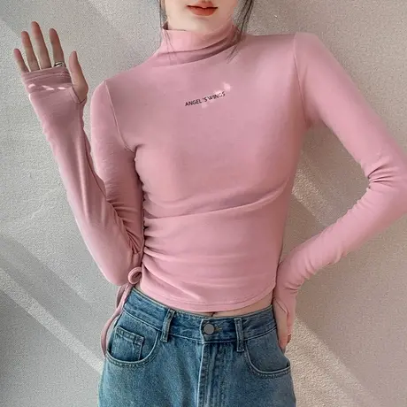 半高领磨毛手套袖T恤女2023秋冬新款修身减龄正肩内搭字母打底衫商品大图