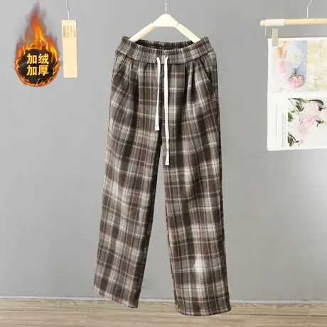 秋冬新款2024年韩版加绒加厚格子阔腿裤女宽松休闲呢料直筒裤女裤图片