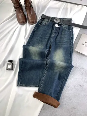 美式磨白加绒牛仔阔腿裤女2023冬季新款显瘦百搭宽松加厚直筒长裤商品大图