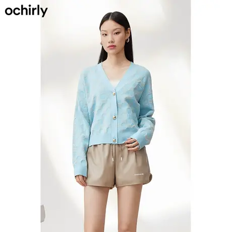 【呼呼严选专享】欧时力棋盘格针织开衫新款秋装V领慵懒风外套商品大图